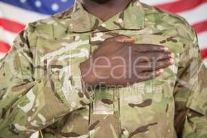 Mid section of soldier taking oath