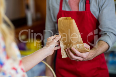 Mid section of male staff giving the paper bag to woman