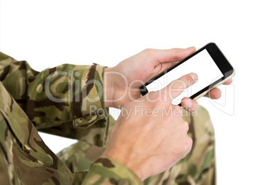 Soldier using a mobile phone