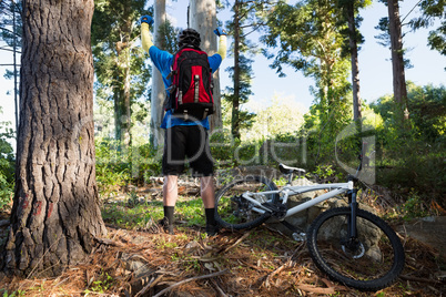 Excited mountain biker in forest