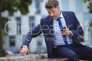 Handsome businessman holding mobile phone while using digital tablet