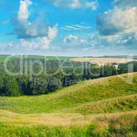 picturesque hills, forest and blue sky