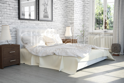 3d render of a modern bedroom in an old building - interior conc