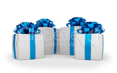 3d render - christmas gift boxes with blue ribbons