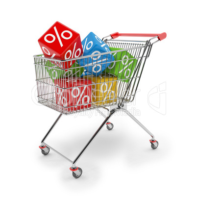 3d render - shopping cart with colorful cubes of percent