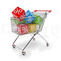 3d render - shopping cart with colorful cubes of percent