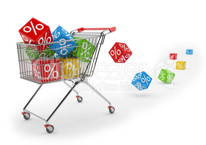 3d render - shopping cart with colorful cubes of percent