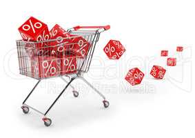 3d render - shopping cart with red cubes of percent