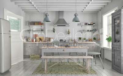3d render of scandinavian flat - kitchen - dining room