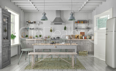 3d render of scandinavian flat - kitchen - dining room