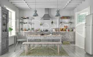 3d render of scandinavian flat - kitchen - dining room
