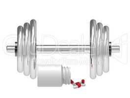 Dumbbell with vial of pills, 3D rendering