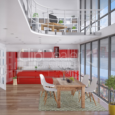 3d - modern loft with gallery, dining area, kitchen