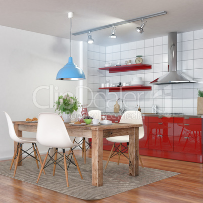 3d render - modern kitchen interior with dining area
