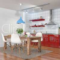 3d render - modern kitchen interior with dining area