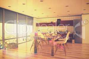 3d render - modern kitchen interior with dining area - loft - re