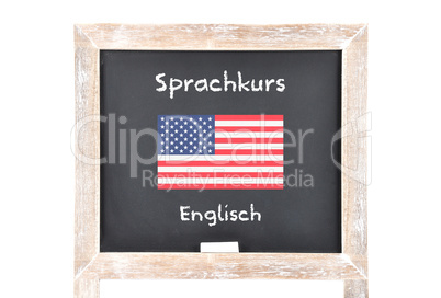 Sprachkurs mit Flagge auf Tafel