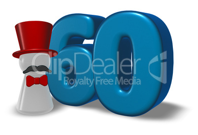 number sixty and pawn with hat and beard - 3d rendering