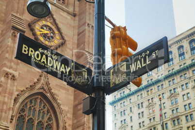 Wall street and Broadway signs in New York City