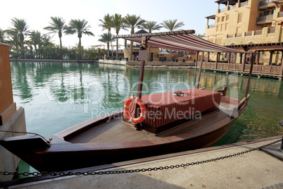View of the Souk Madinat Jumeirah and abra boats, Dubai, UAE