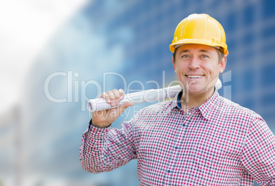 Male Contractor with Hard Hat In Front of Building