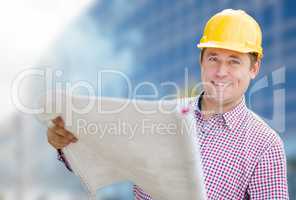 Male Contractor with Hard Hat In Front of Building