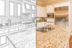 Split Screen Of Drawing and Photo of New Kitchen