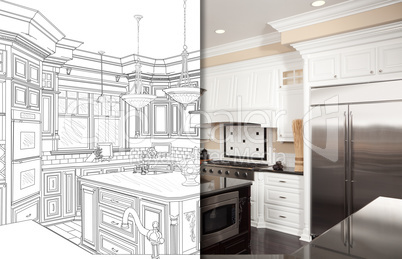 Split Screen Of Drawing and Photo of New Kitchen