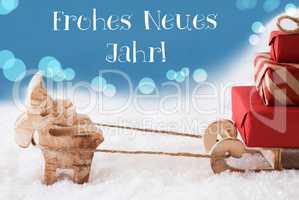 Reindeer, Sled, Light Blue Background, Neues Jahr Means New Year