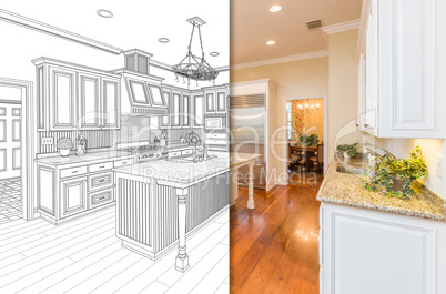 Split Screen Of Drawing and Photo of New Kitchen