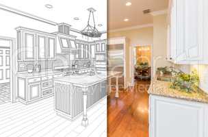 Split Screen Of Drawing and Photo of New Kitchen