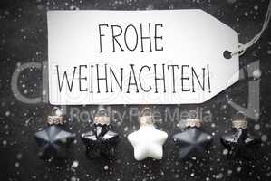 Black Balls, Snowflakes, Frohe Weihnachten Means Merry Christmas