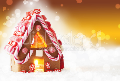 Gingerbread House, Golden Bokeh Background, Copy Space