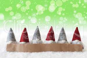 Gnomes, Green Background, Bokeh, Stars, Snowflakes, Copy Space