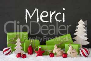 Christmas Decoration, Cement, Snow, Merci Means Thank You