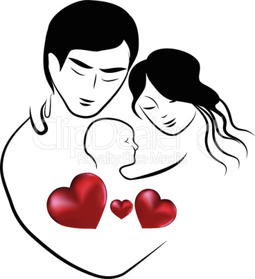 family heart icon, symbol parents sketch of lovely young married couple hugging little child vector illustration