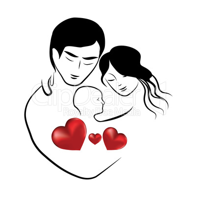 family heart icon, symbol parents sketch of lovely young married couple hugging little child vector illustration