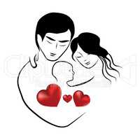 family heart icon, symbol parents sketch of lovely young married couple hugging little child vector illustration