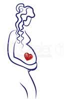 Pregnant woman big love vector. Line drawing. Sketch silhouette.