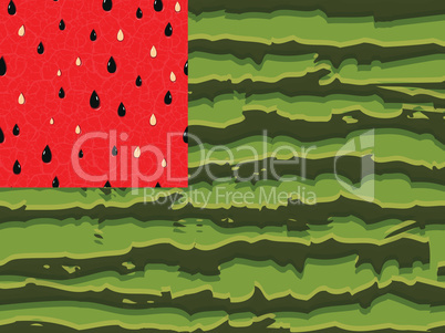 Watermelon flag as symbol of summer with red and green seamless parts, the red pulp dark green stripes of the rind is made in the form of the flag of the USA. Vector illustration.