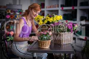 Female florist preparing basket of flowers