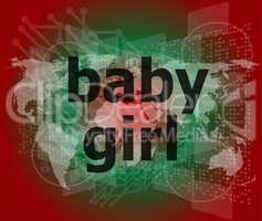 baby girl text on digital touch screen - social concept