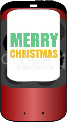 Smart phone with Merry Christmas greetings on the screen, holiday card