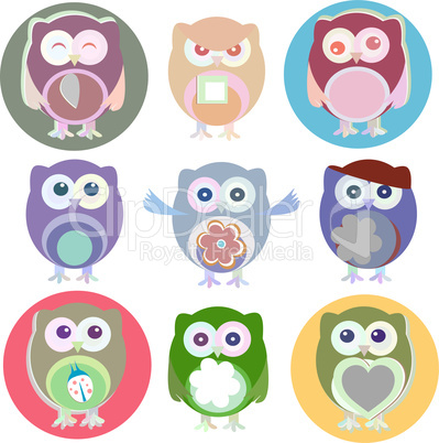 Set of cartoon owls with various emotions