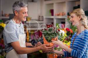 Florist giving bouquet of flower to woman