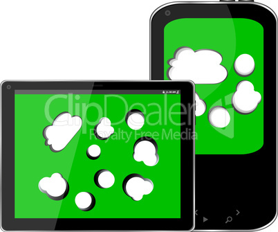 Blank mobile smart phone and digital tablet pc with cloud on the screen