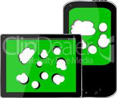 Blank mobile smart phone and digital tablet pc with cloud on the screen