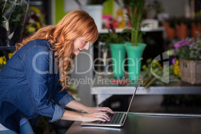 Florist using laptop in flower shop