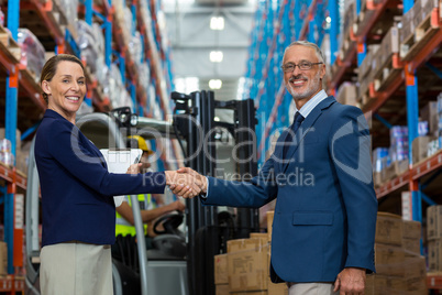 Warehouse manager shaking hands with client