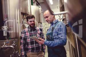 Worker and owner discussing over digital tablet at brewery